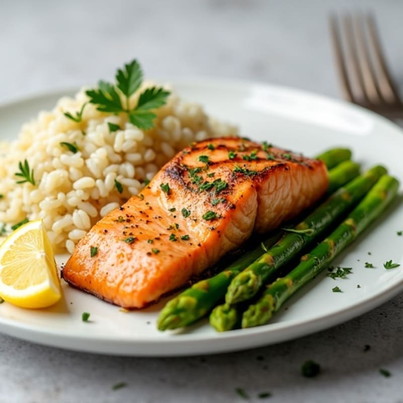 Seared Salmon with Steamed Asparagus and Lemon-Herb Rice