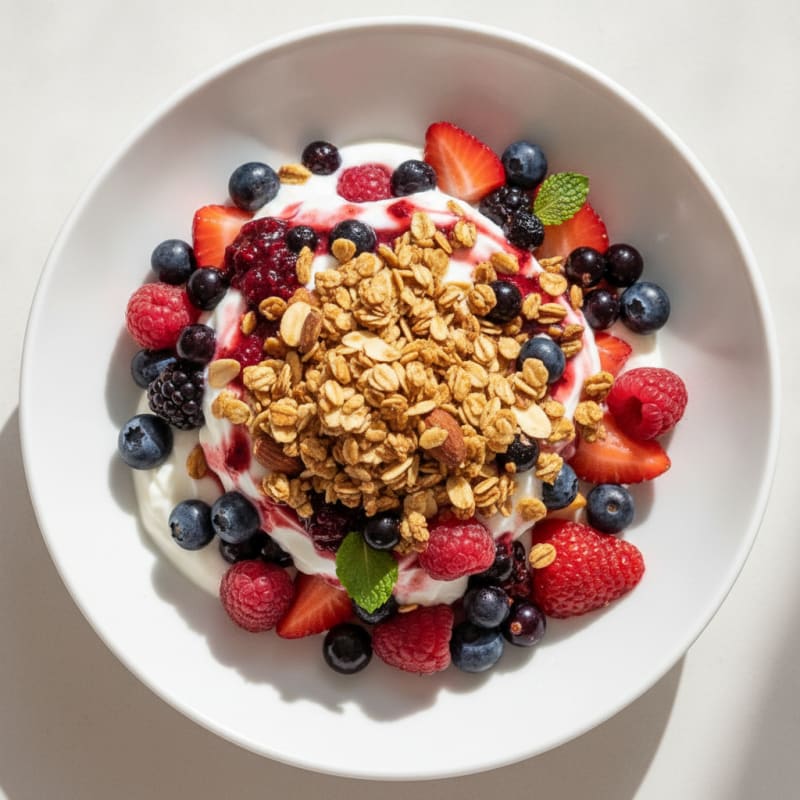 Greek Yogurt Parfait with Mixed Berries and Crunchy Almond Granola