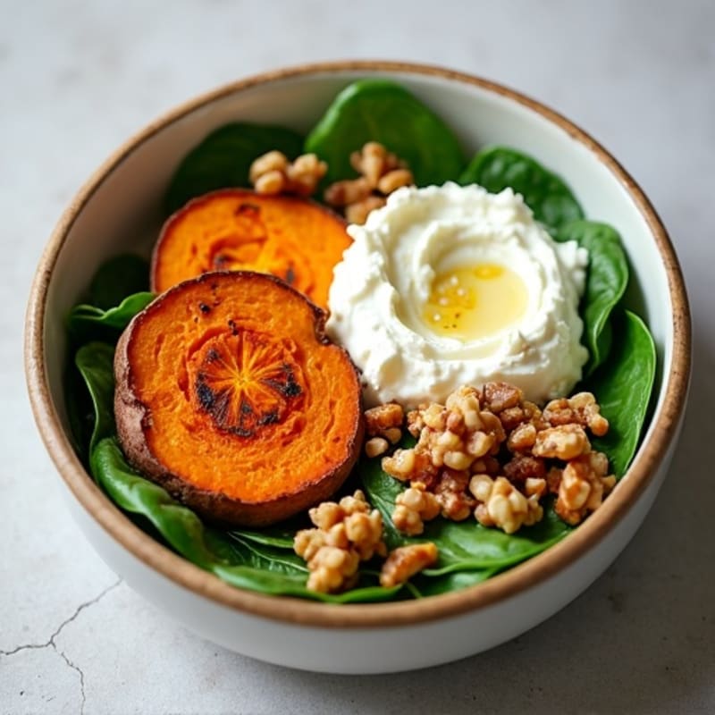 High-Protein Cottage Cheese Bowl with Roasted Sweet Potatoes, Spinach, and Toasted Walnuts