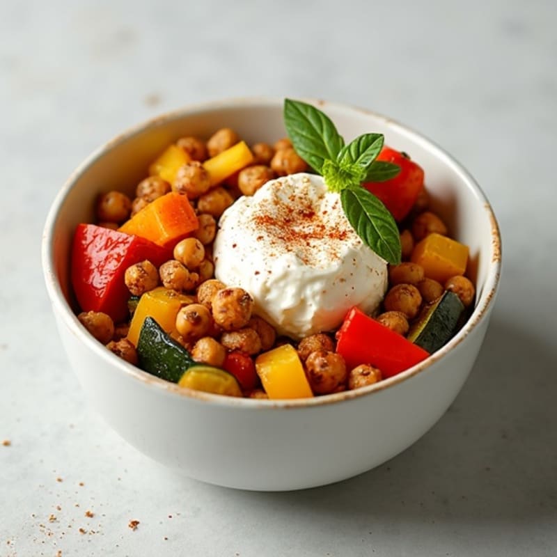 Savory Cottage Cheese Bowl with Roasted Vegetables and Crispy Chickpeas