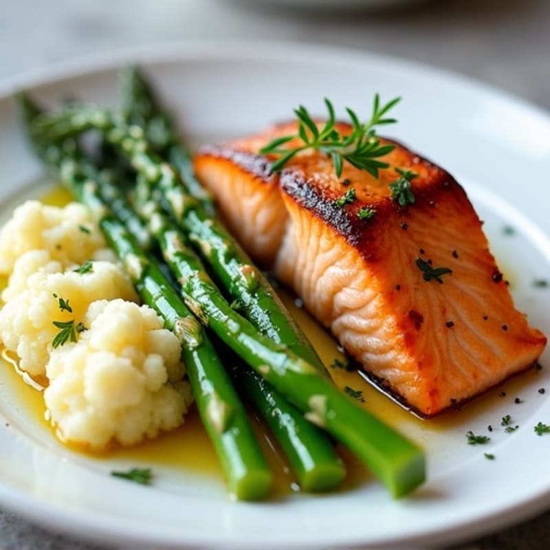 Seared Salmon with Steamed Asparagus and Garlic Mashed Cauliflower