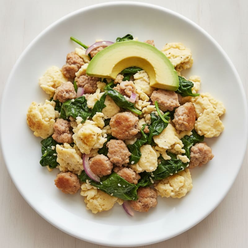 Egg White Scramble with Turkey Sausage and Sautéed Spinach