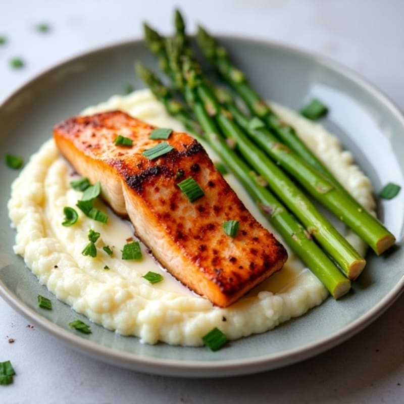 Seared Salmon with Steamed Asparagus and Cauliflower Mash