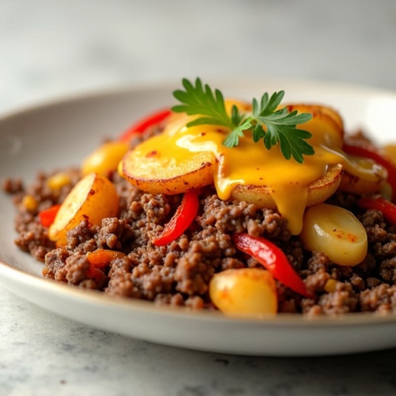 Lean Ground Beef and Crispy Roasted Potato Skillet with Creamy Cheese