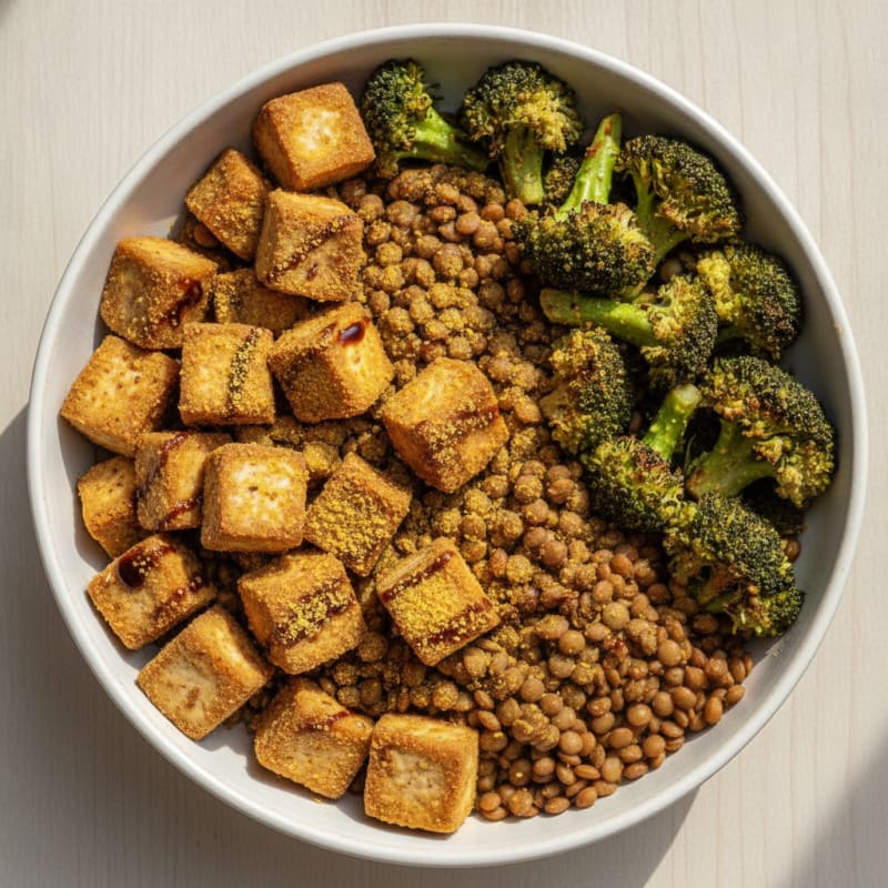 Crispy Tofu and Lentil Power Bowl with Roasted Broccoli