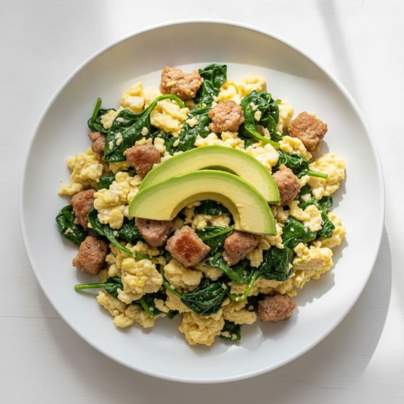 Egg White Scramble with Turkey Sausage and Sautéed Spinach