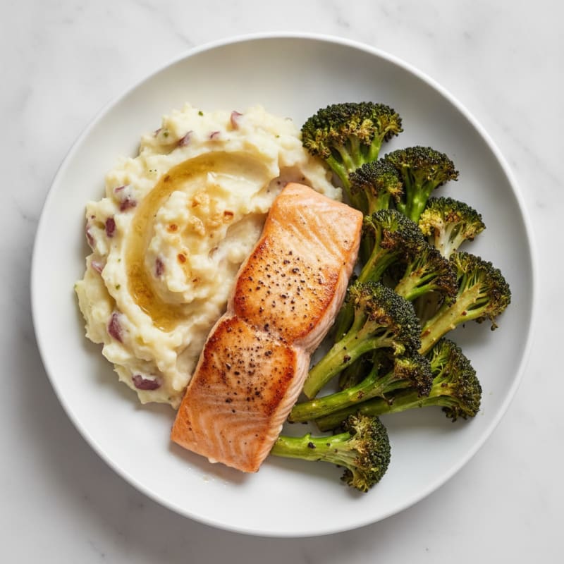 Seared Salmon with Roasted Broccoli and Garlic Mashed Potatoes