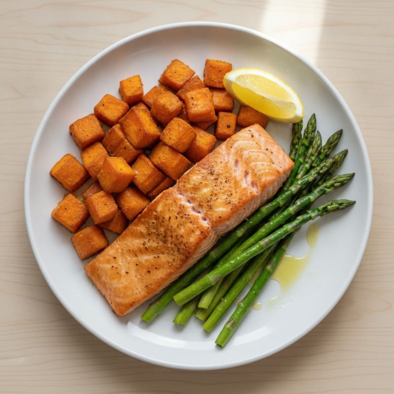 Seared Salmon with Roasted Sweet Potatoes and Asparagus