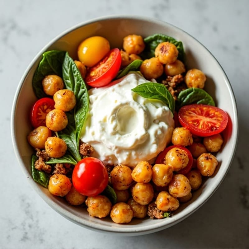 Creamy Cottage Cheese Bowl with Roasted Vegetables and Crispy Chickpeas