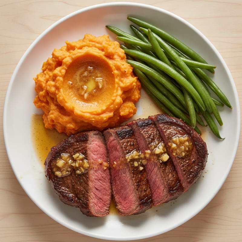 Seared Sirloin Steak with Steamed Green Beans and Sweet Potato Mash