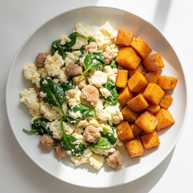 Egg White and Turkey Sausage Scramble with Spinach and Roasted Sweet Potatoes