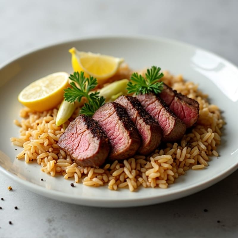 Pan-Seared Beef with Roasted Fennel and Fluffy Brown Rice
