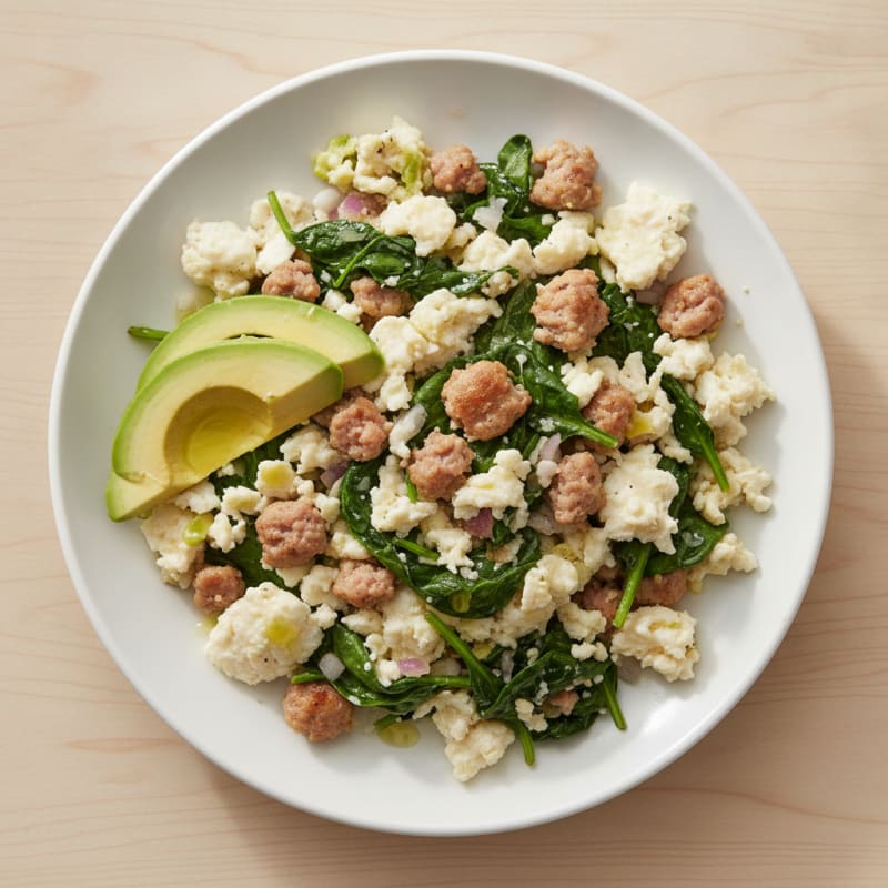 Egg White and Turkey Sausage Scramble with Sautéed Spinach