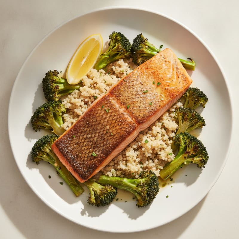 Seared Salmon with Roasted Broccoli and Quinoa