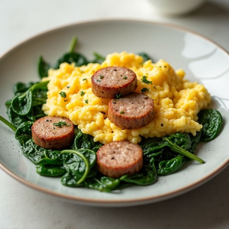 Egg White and Turkey Sausage Scramble with Sautéed Spinach