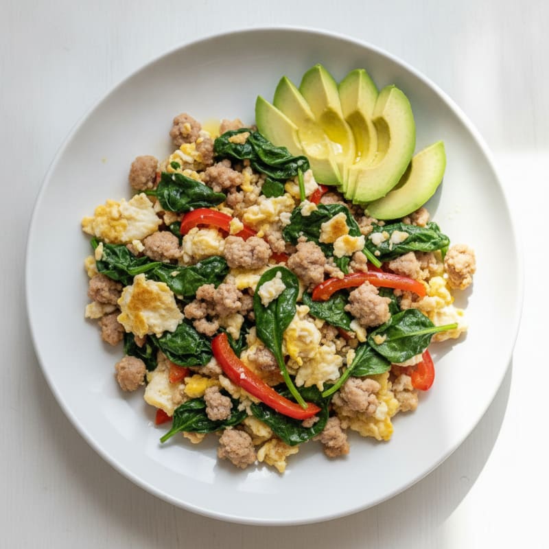 Egg White and Turkey Sausage Scramble with Sautéed Spinach