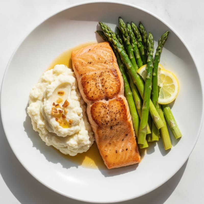 Seared Salmon with Steamed Asparagus and Garlic Mashed Cauliflower