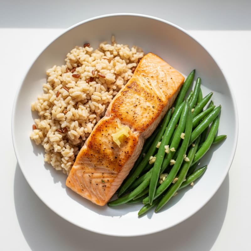 Seared Salmon with Garlic Green Beans and Brown Rice
