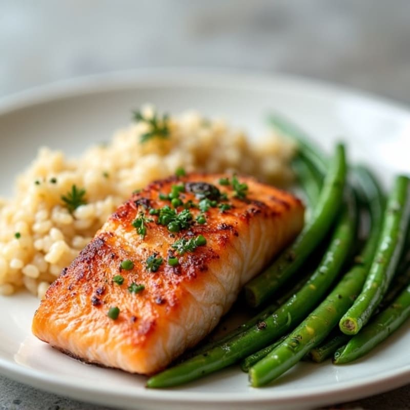 Seared Salmon Fillet with Garlic Green Beans and Brown Rice