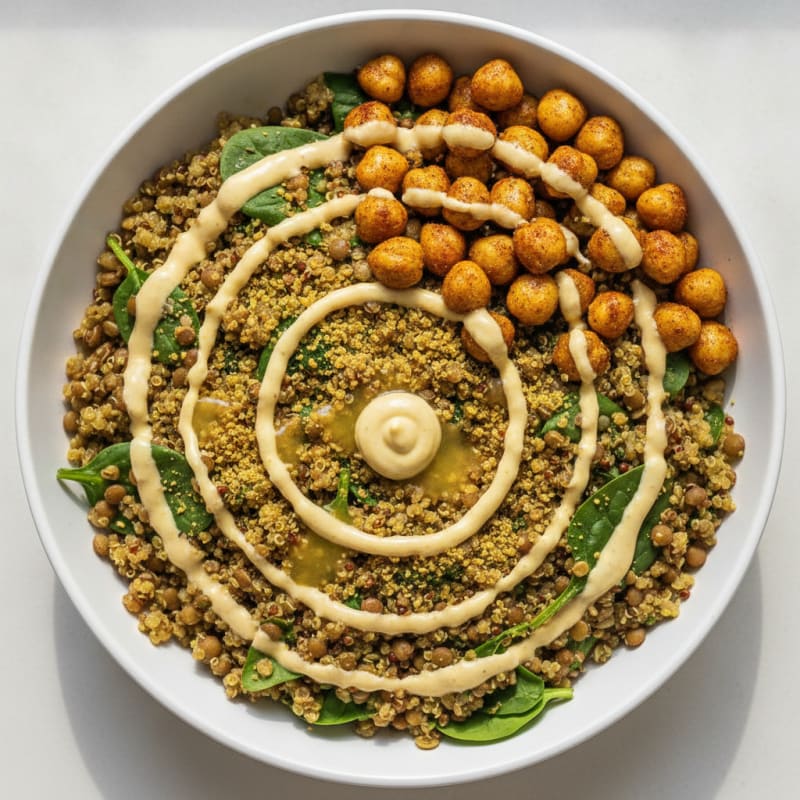 Lentil and Quinoa Power Bowl with Roasted Chickpeas and Tahini Drizzle
