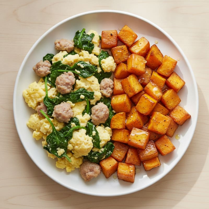 Egg and Turkey Sausage Scramble with Spinach and Roasted Sweet Potatoes