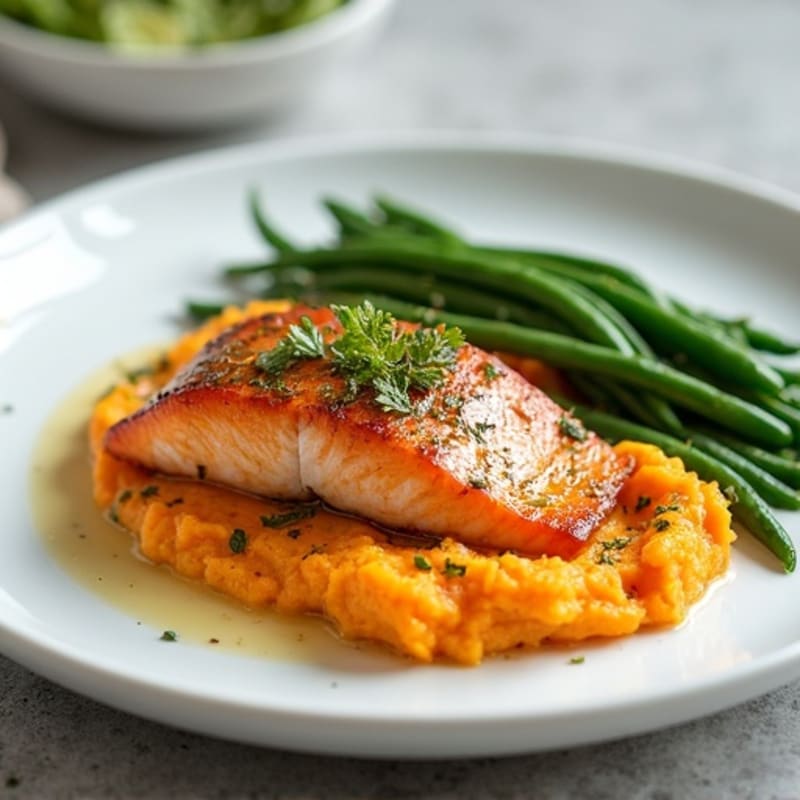 Seared Salmon with Steamed Green Beans and Sweet Potato Mash