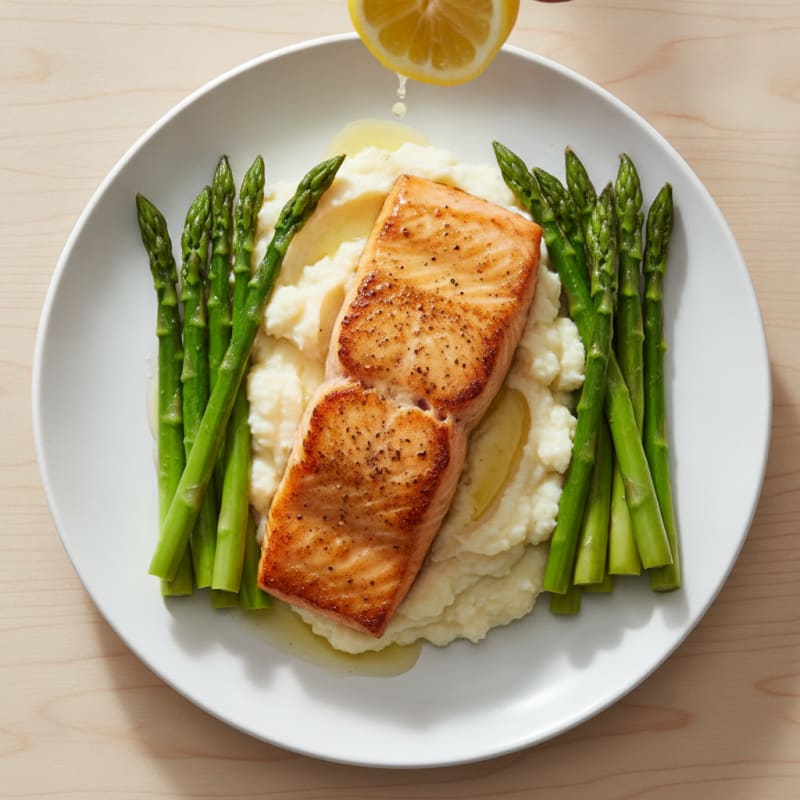Seared Salmon with Steamed Asparagus and Cauliflower Mash