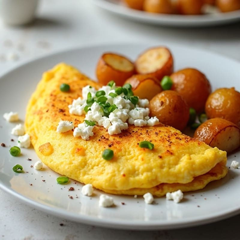Fluffy Egg Omelette with Sautéed Potatoes and Crumbled Feta