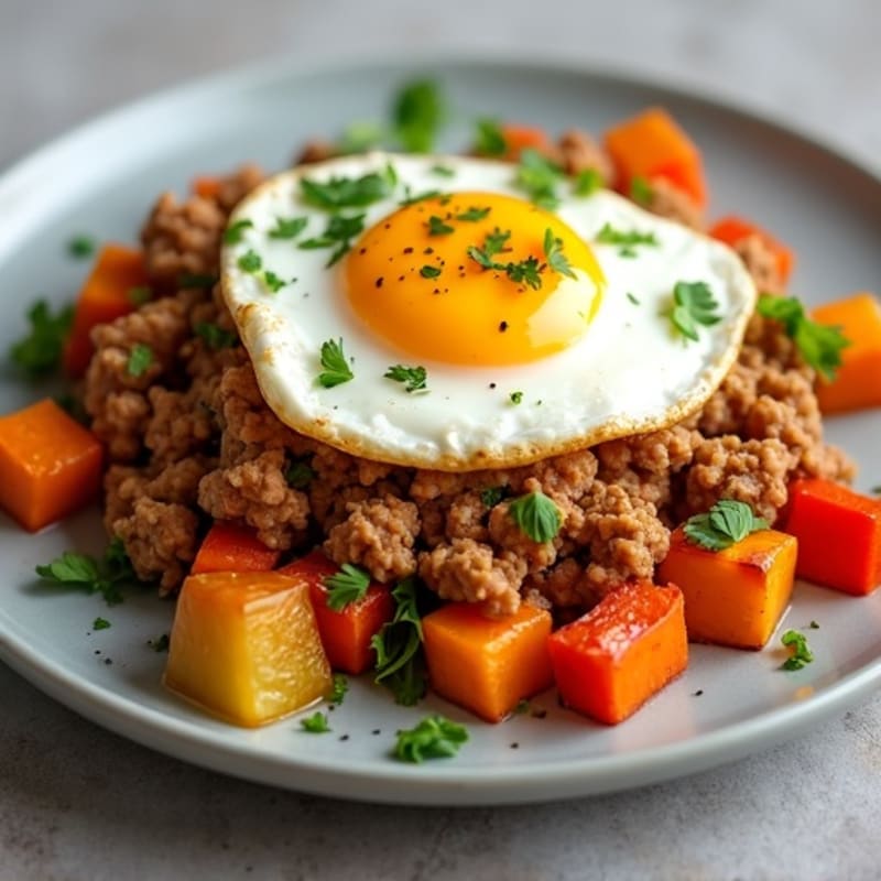 Sweet Potato and Turkey Hash with Crispy Eggs