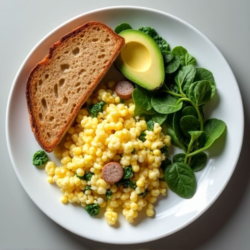 Egg White Scramble with Spinach, Turkey Sausage, Toast & Avocado