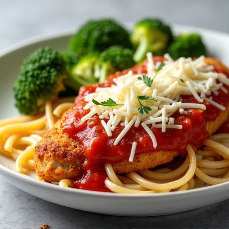 Crispy Baked Chicken Parmesan with Whole Wheat Pasta and Roasted Broccoli