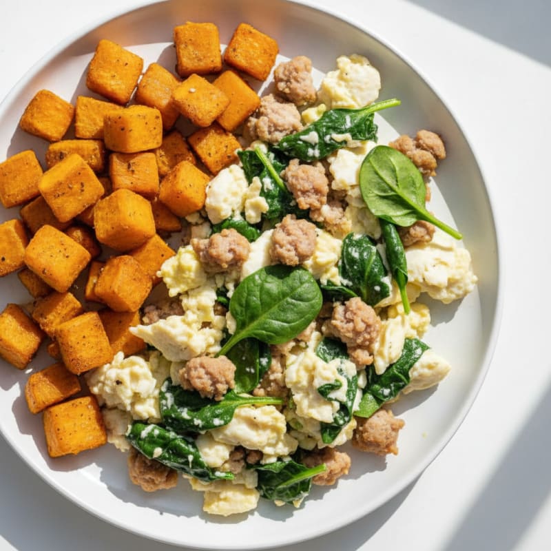 Scrambled Egg Whites with Turkey Sausage and Sautéed Spinach