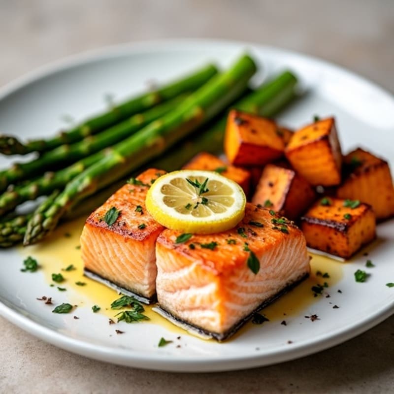 Lemon Herb Roasted Salmon with Crispy Asparagus and Roasted Sweet Potato
