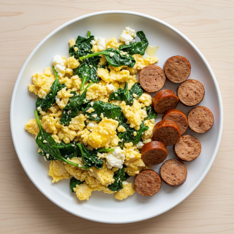 Cottage Cheese Egg Scramble with Spinach and Turkey Sausage