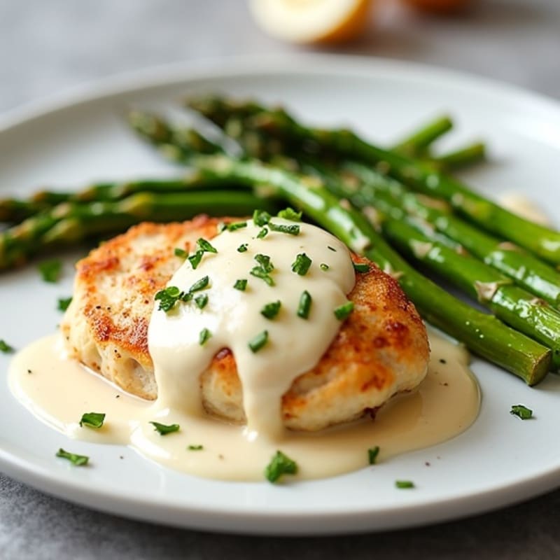 Chicken with Creamy Garlic Sauce and Roasted Asparagus