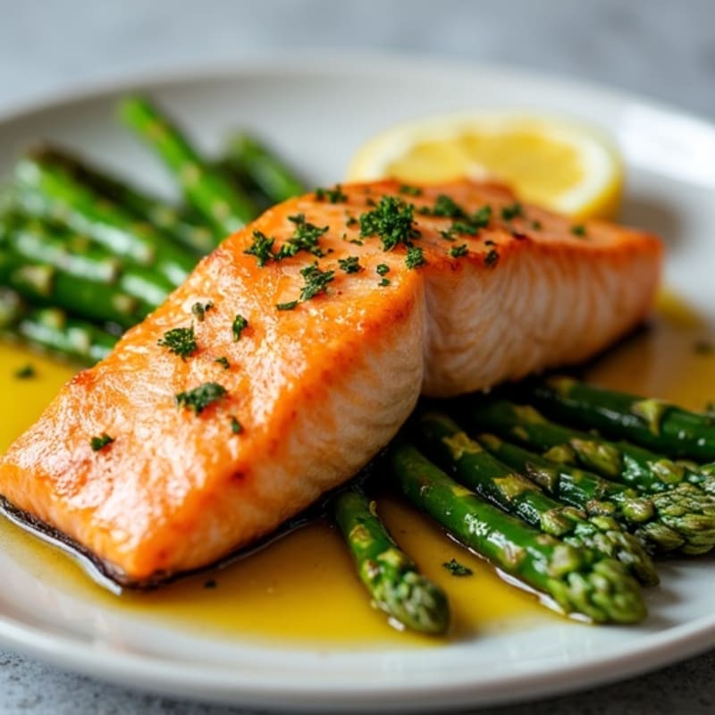 Crispy Pan-Seared Salmon with Roasted Asparagus and Lemon-Garlic Dressing