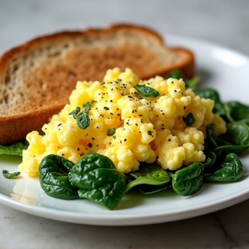 Fluffy Herb-Scrambled Eggs with Fresh Spinach and Crispy Whole Grain Toast