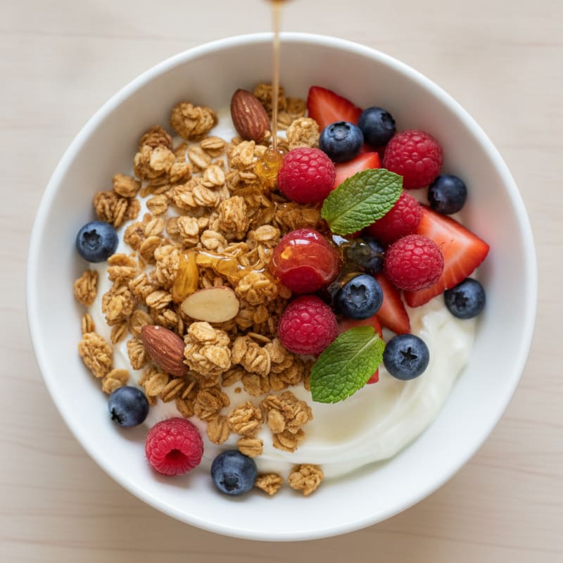 Greek Yogurt with Crunchy Almond Granola and Fresh Berries