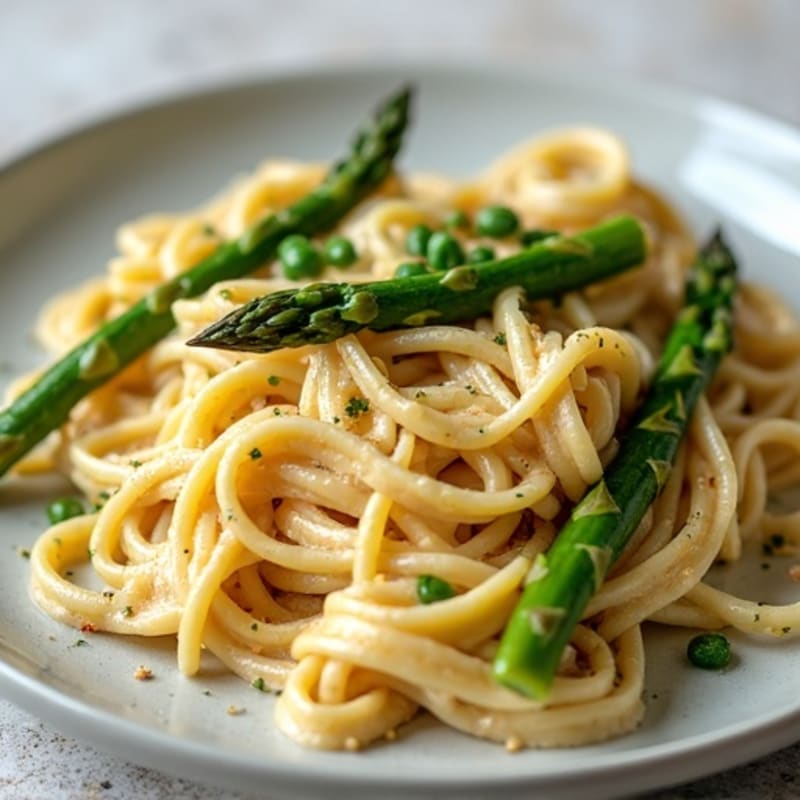 Creamy Cashew Alfredo Pasta with Roasted Asparagus