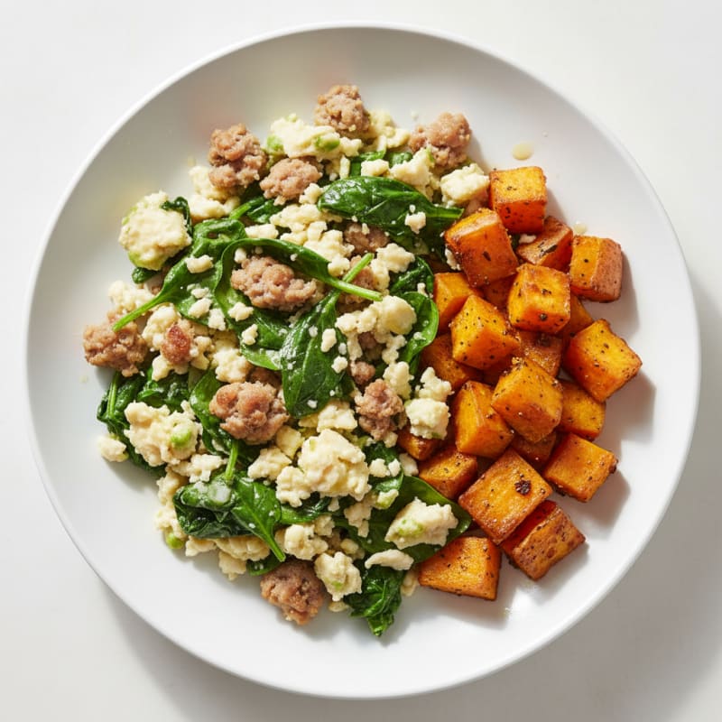 Egg White and Turkey Sausage Scramble with Spinach and Roasted Sweet Potato