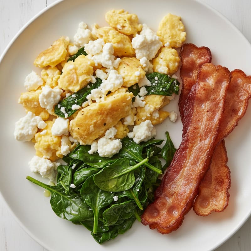 Cottage Cheese Egg Scramble with Sautéed Spinach and Turkey Bacon
