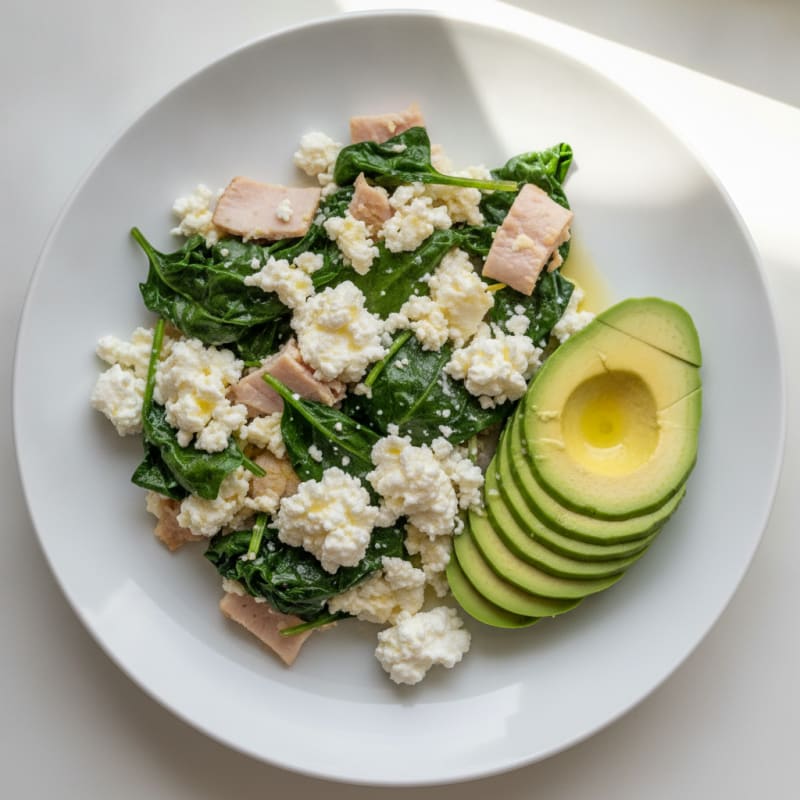 Egg White and Spinach Scramble with Cottage Cheese and Sliced Turkey