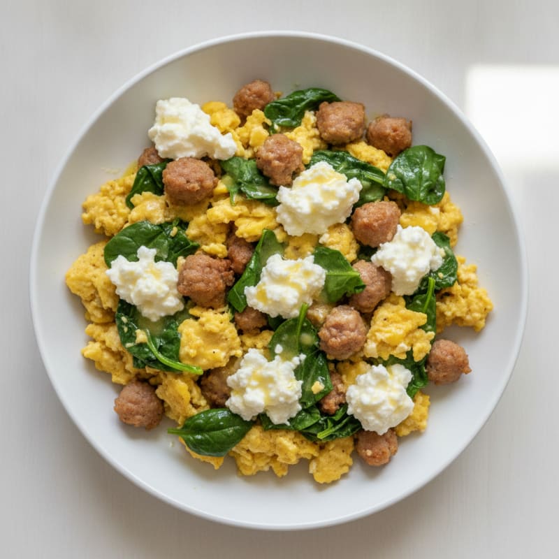 Cottage Cheese Scramble with Spinach and Turkey Sausage