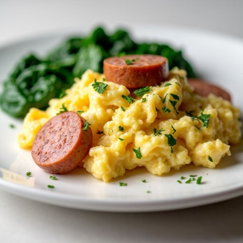 Egg White Scramble with Turkey Sausage and Sautéed Spinach