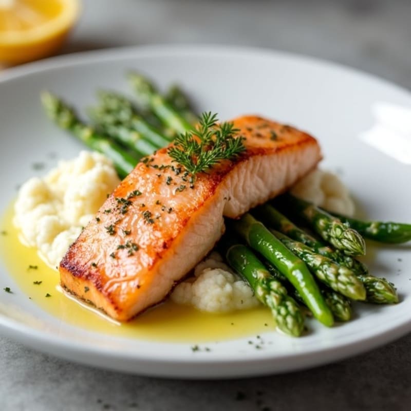 Seared Salmon with Steamed Asparagus and Cauliflower Mash