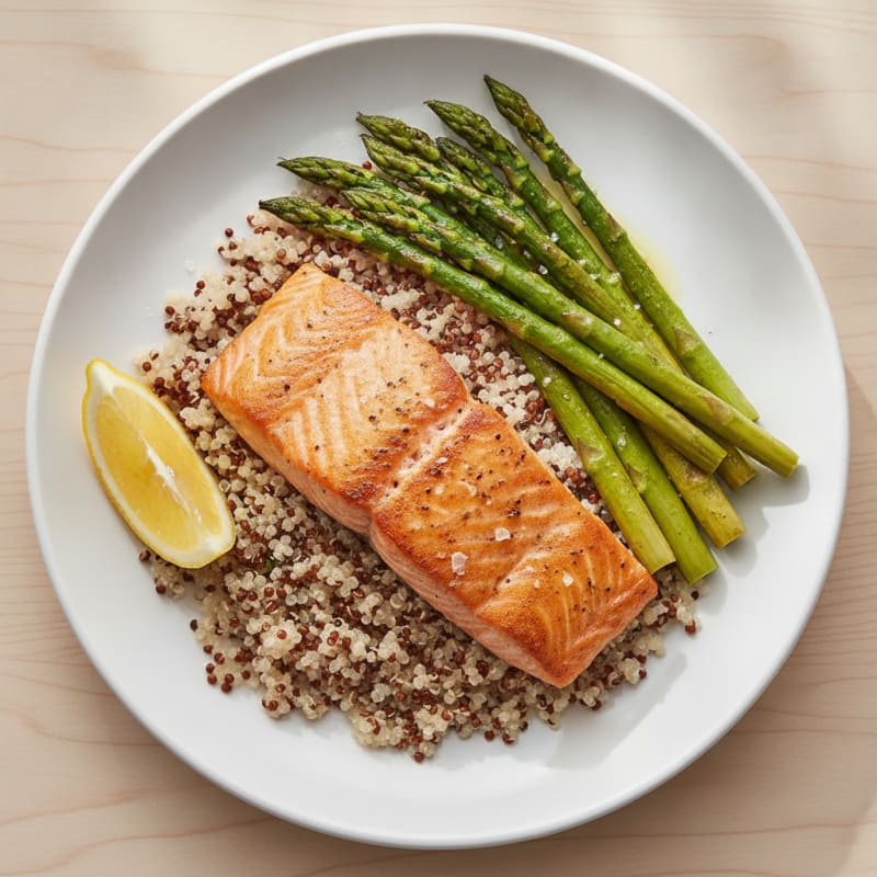 Seared Salmon Fillet with Roasted Asparagus and Quinoa