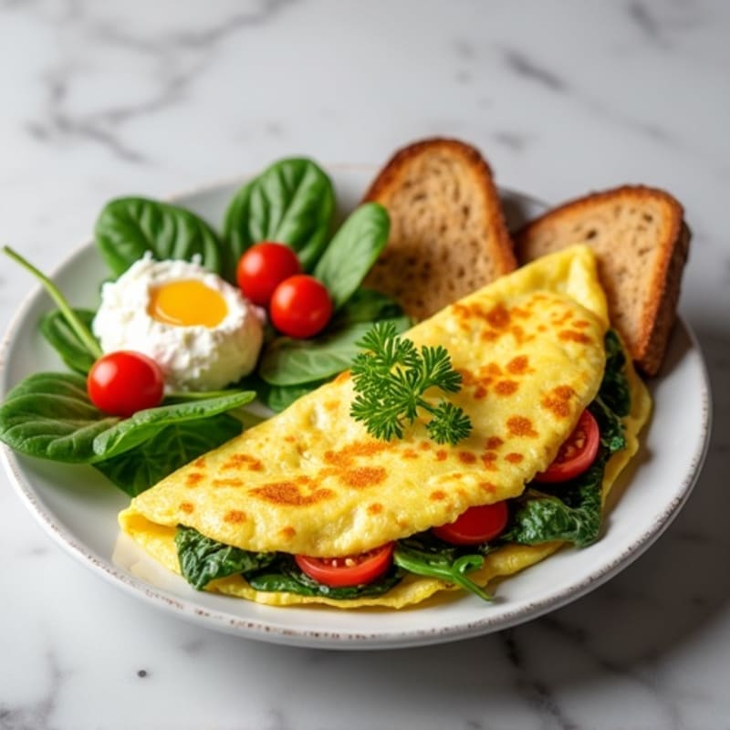 Egg White Spinach Omelette with Cottage Cheese, Cherry Tomatoes & Toast