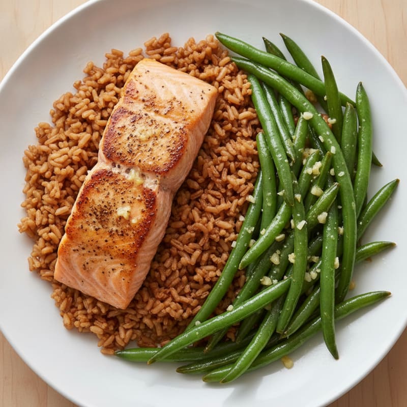 Seared Salmon with Garlic Green Beans and Brown Rice