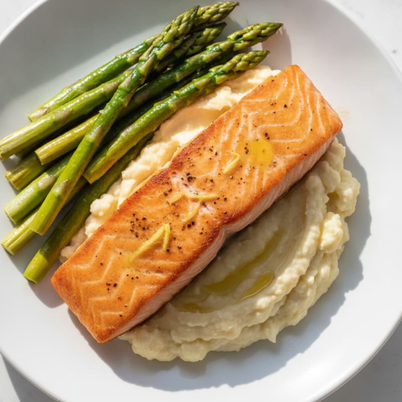 Seared Salmon with Steamed Asparagus and Mashed Cauliflower