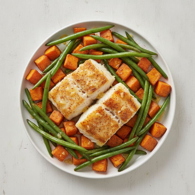 Baked Cod with Roasted Sweet Potatoes and Green Beans